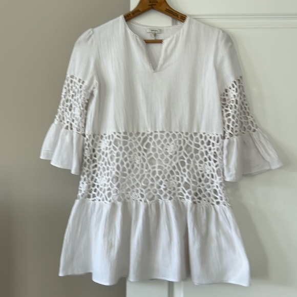 Tyler Boe Izzy Eyelet Topper Crochet Dress w Bell Sleeves Notch Neck White - Picture 2 of 15